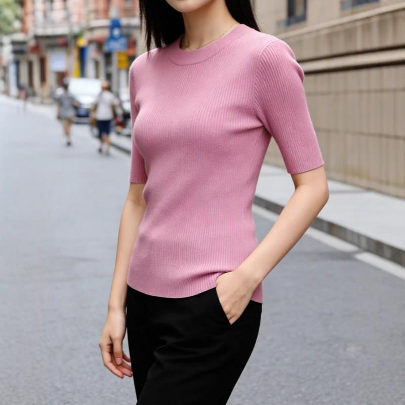 Womens Slim Fit Solid Color Mid Sleeve Knit Pullover Sweater Casual Daily Wear