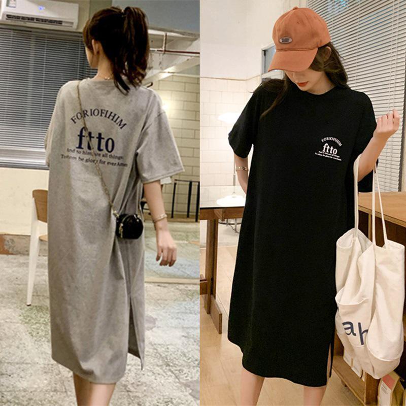 Women's Plus Size Summer T-shirt Dress: Loose Over-the-Knee Slit Skirt & Long Top Base Layer