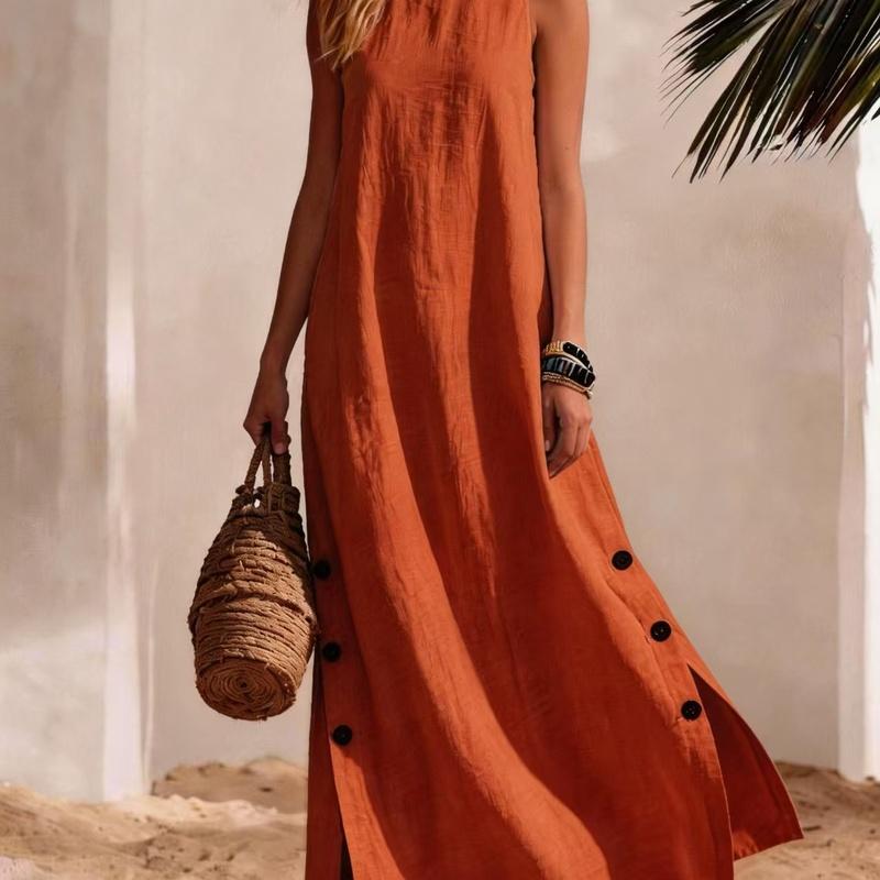 Women's Cotton Linen Maxi Dress Sleeveless Side Slit Loose Fit Casual Vacation Dress