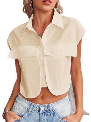 Womens Cotton Cap Sleeve Button Down Crop Blouse Summer Casual Shirt