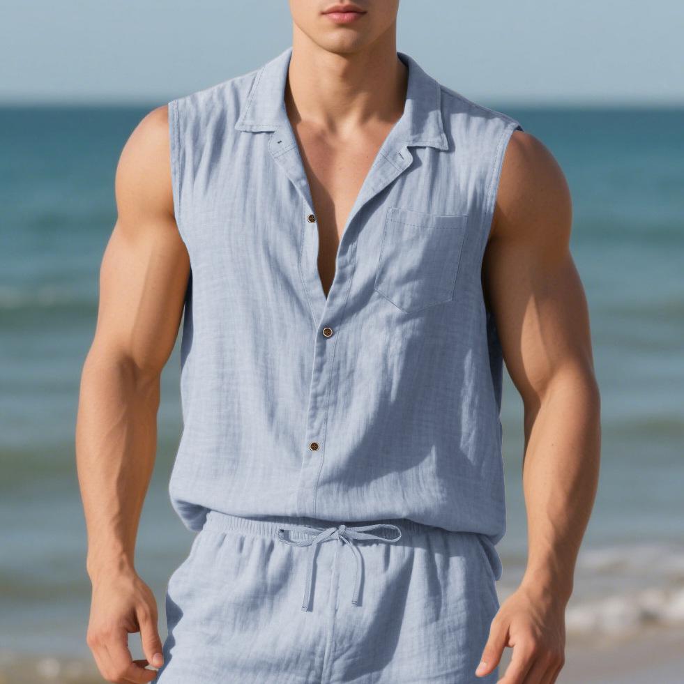 Fashionable Lapel Sleeveless Cardigan Linen Loose Simple Beach Men’s Casual Shirts
