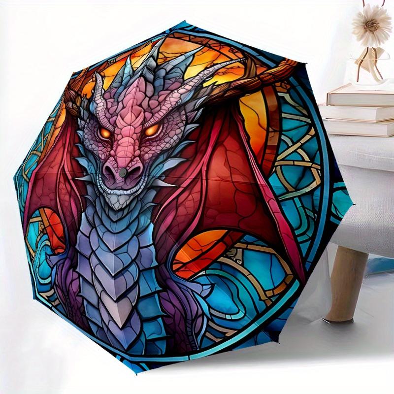 1pc Dragon StainedGlass Compact Travel Umbrella, Automatic Folding Lightweight Windproof 8-Bone Reinforced Design, Portable for Backpack Dur