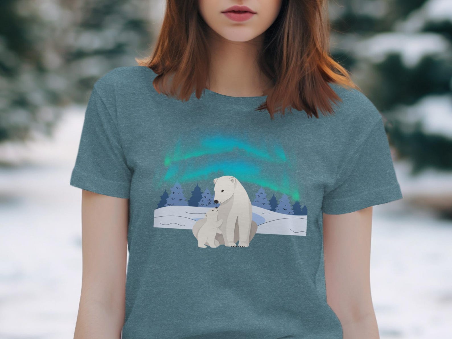 Polar Bear Mom Cub T-Shirt, Northern Lights Winter Wonderland Tee 3XL
