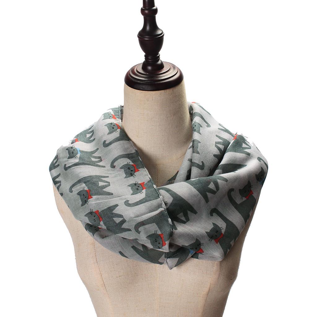 

Женский шелковый шарф с принтом кота и вуалью для девочек, шелковый шарф с запахом и шалью серый