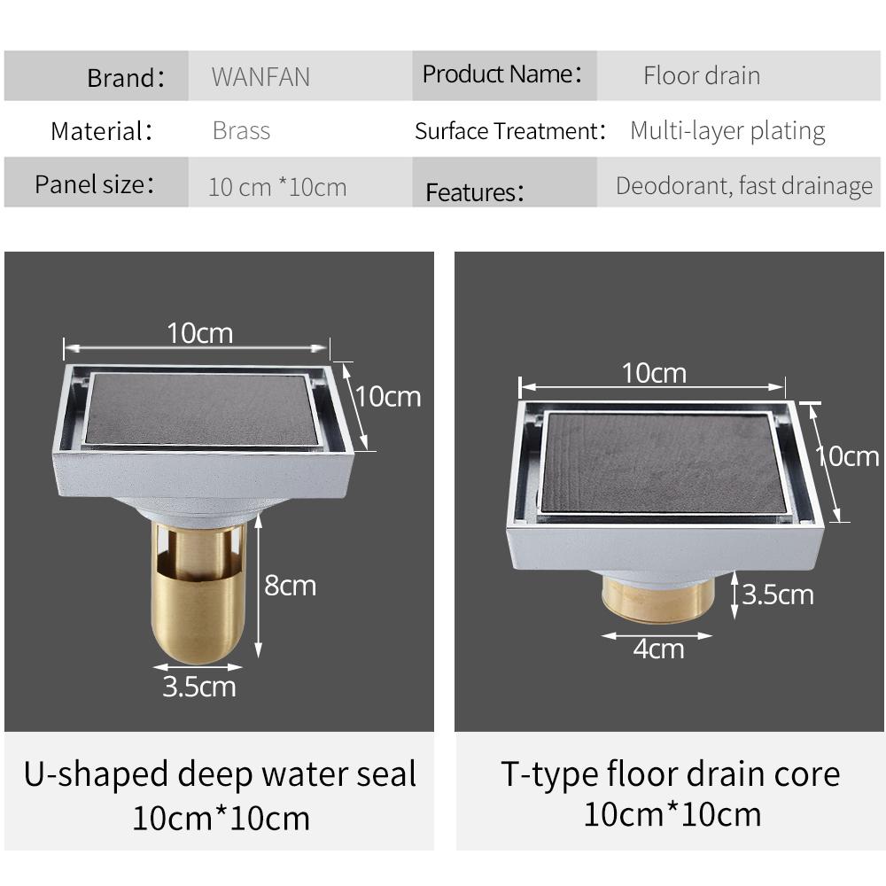 Floor Drains 10cm Square Shower Drain Brass Floor Drain Trap Waste Grate With Hair Strainer Bathroom Shower Accessories 811525
