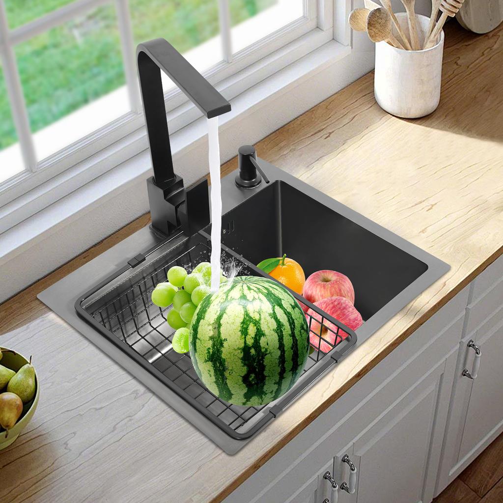 16x12 Inch Stainless Steel Kitchen Sink – 201 Stainless Steel with Nano Coating – Complete Set with Faucet, Soap Dispenser & Drain Basket – Black/Grey