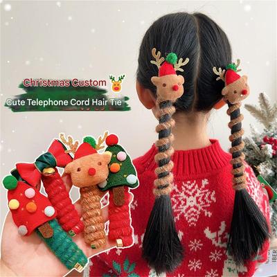 Christmas Headband for Children, Curly Telephone Cord Hair Tie, Girls' Double Ponytail Hair Tie, Cute Festive Hair Rope