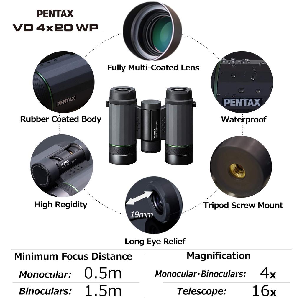 Pentax VD 4x20 WP 3-in-1 Binoculars Monocular and Telescope Versatile for Various Scenes