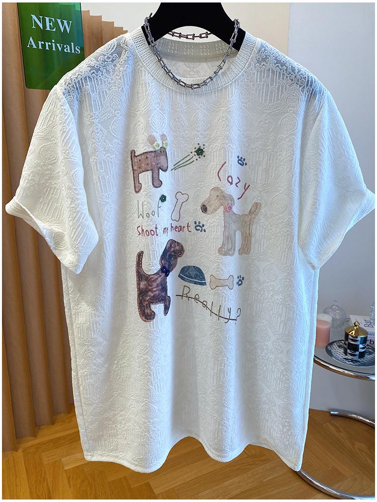 240 Jin Women's White Puppy Jacquard Short-Sleeve T-Shirt - 2026 New Summer Loose Casual Top