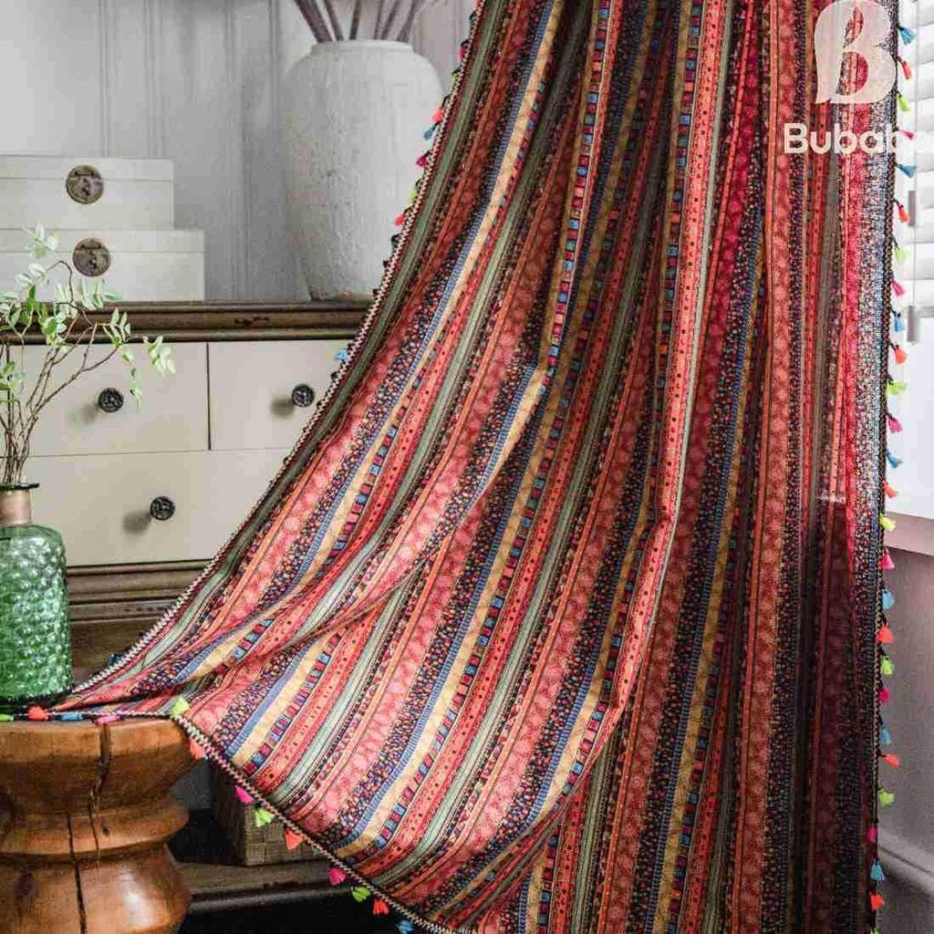 Rote Böhmische Gestreifte Baumwollleinen Vorhänge für Wohnzimmer - Retro-Stil