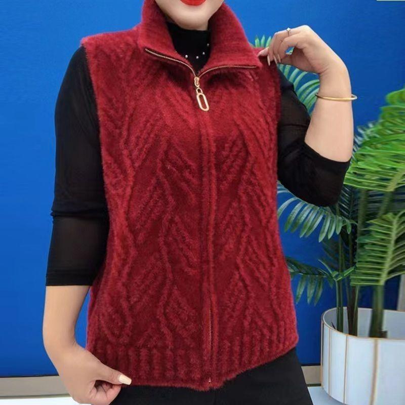 Autumn and Winter Women s Plush Knitted Vest Thick Fleece-lined Cardigan Vest M красный
