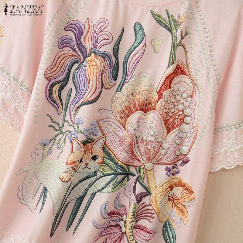 ZANZEA Women Casual Round Neck Floral Print Loose Lace Splice Short Sleeve Blouse