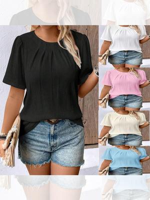 2025 Summer Girls' Pleated Round Neck Casual Loose Short Sleeve T-Shirt