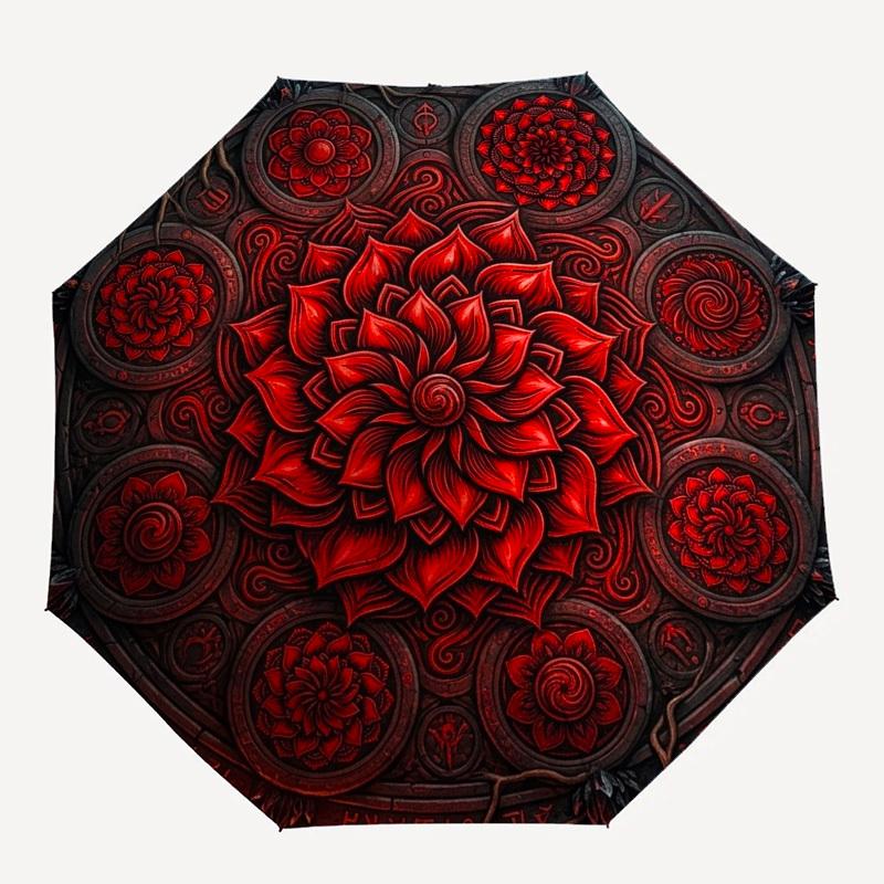

1pc Red Lotus Mandala Symbols Umbrella with Plastic Handle,Compact & Stylish,Suitable for All Seasons YS331092
