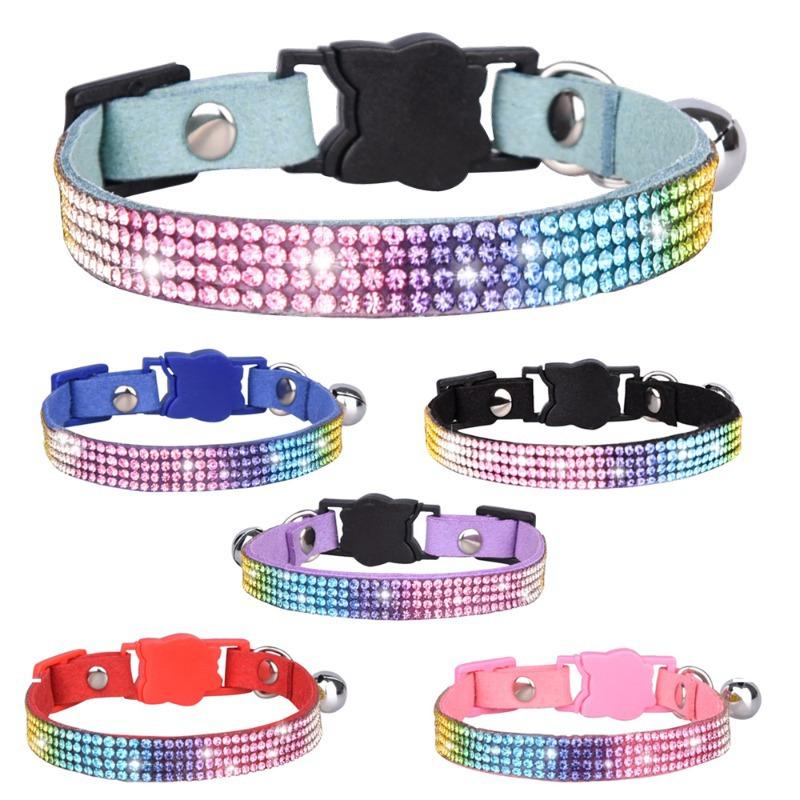 Pet Collar Shiny Rhinestone Color Anti-bridle Suede Soft and Comfortable Bell Style Cat Leash Collar