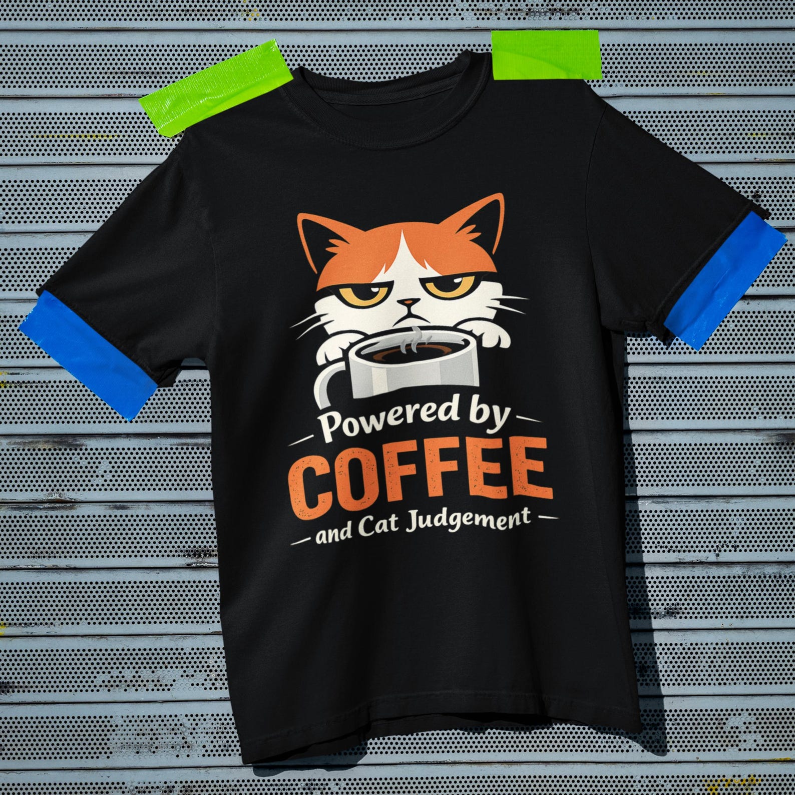 Funny Cat Coffee Shirt | Powered by Coffee & Cat Judgement Tee | Comfort Colors 1717 M