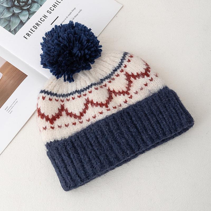 

Женская зимняя шапка с помпонами, вязаная, модная меховая шапка-бини для женщин, зимняя модная шапка 56cm-60cm темно-синий