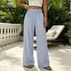 Breathable Summer Pants Women Striped Wide Leg Pants, Elastic Waist Casual Trousers Trousers, Loose Fit Palazzo with Pockets Lightweight