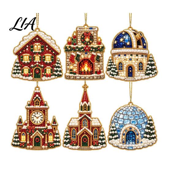 Elegant Holiday Party Supplies 6 Pcs Diamond Art Christmas Ornaments, 2D Flat Pearl Painting Timeless Seasonal Decorations Pattern Hanging Decoration