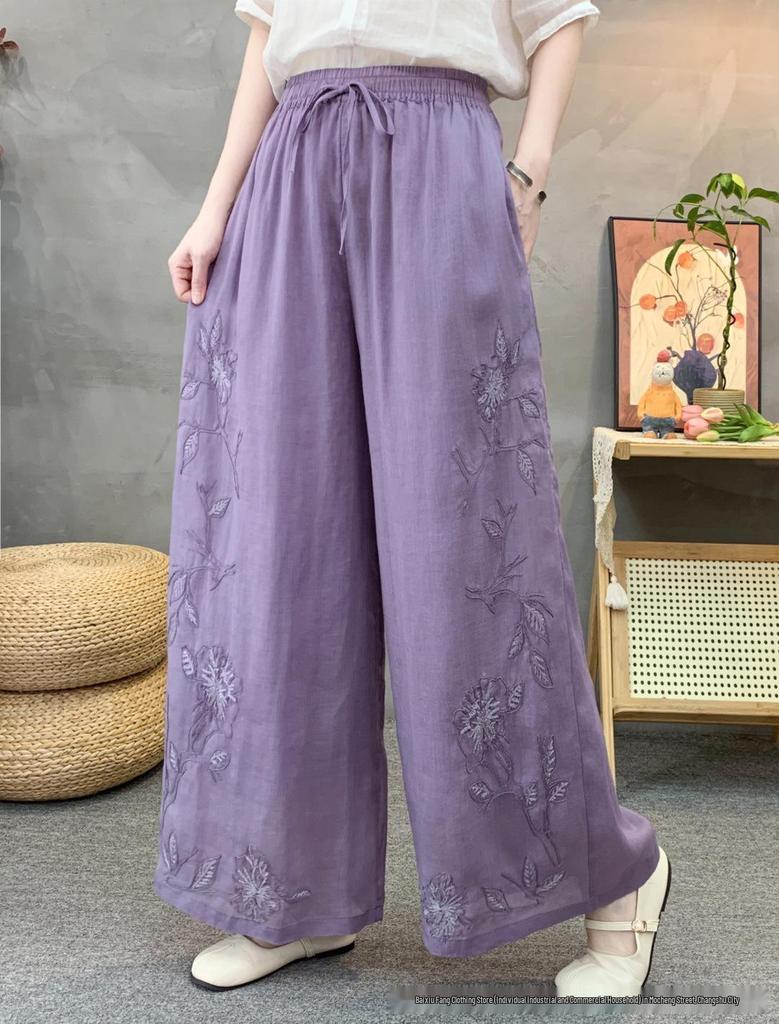 2026 Summer Linen Wide-Leg Pants with Artistic Embroidery and Elastic Waist for Women