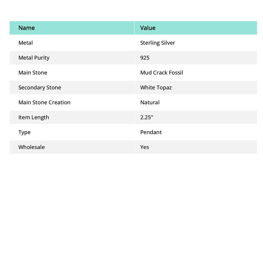 Natural Mud Crack Fossil,White Topaz 925 Sterling Silver Pendant 2.25" a2O18