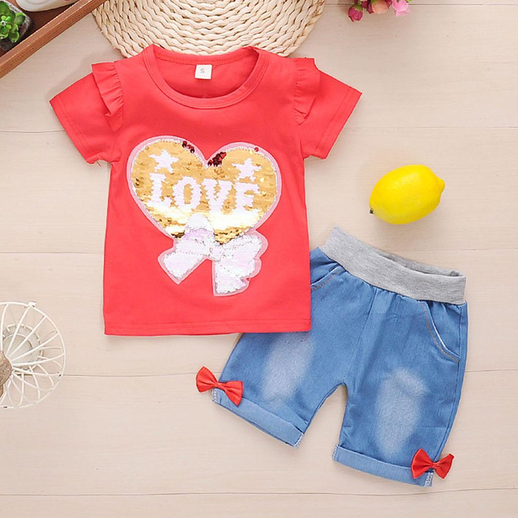 Sagit Toddler Baby Girls Ruffle Paillette Love Bow Printed Tops +Denim Shorts Outfit