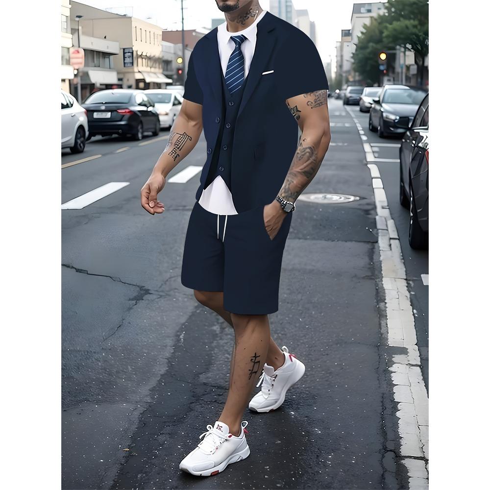New Stitching Printed Men's Suit Summer Round Neck Short Sleeve Top And Casual Shorts Fashion Street Style Two-Piece Set