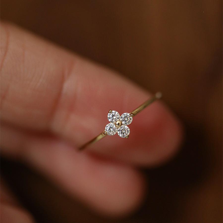 18K Gold-Plated Sterling Silver Four-Leaf Clover Zircon Ring for Women - Elegant and Versatile Design