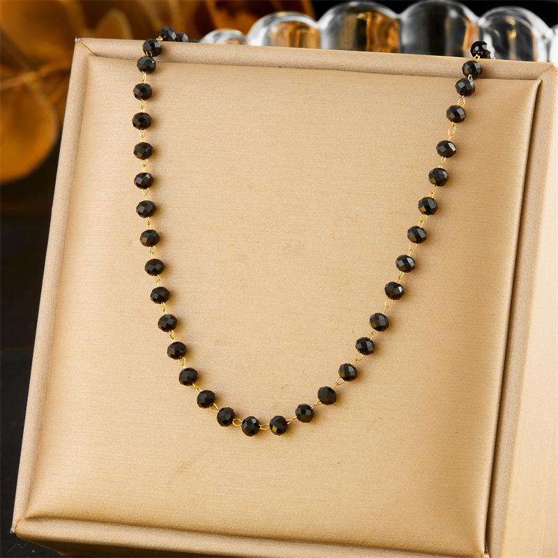 Gold Plated Black Crystal Beaded Jewelry Set Necklace and Bracelet for Women Stainless Steel
