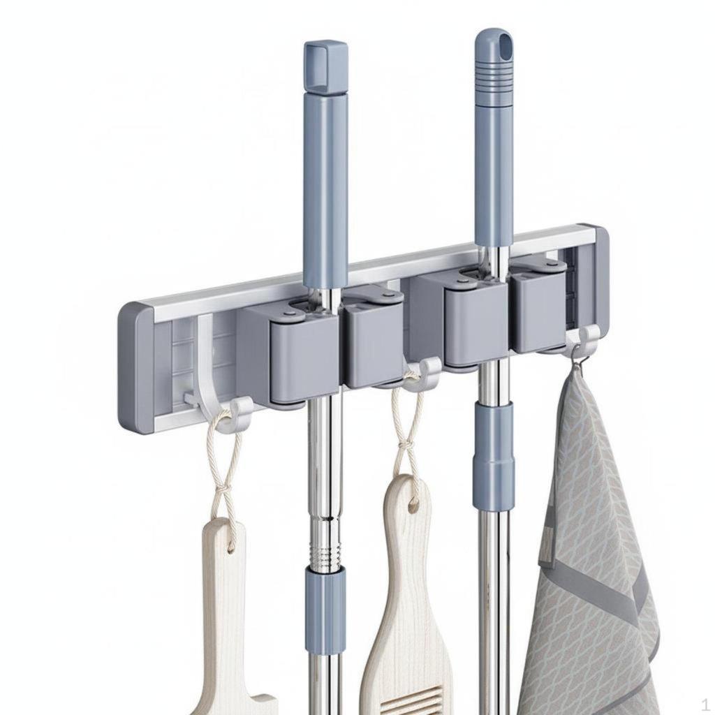 Wall Mounted Mop Holder Easy Installation Broom and NonSlip Grip Punch Tool Hanger for