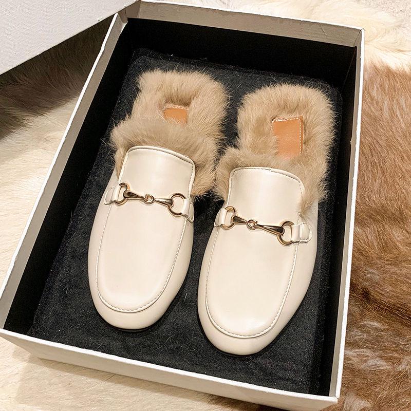 Autumn/Winter 2025 Women's Fuzzy Mule Slippers with Chunky Heels and Round-Toe Design