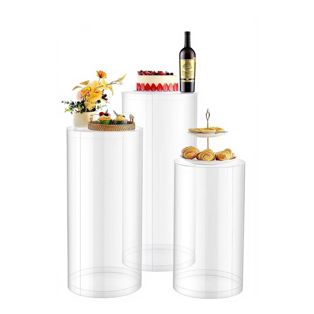 Wedding Flower Stand, 3PCS 60/75/90cm Round Cylinder Plinth, Clear Pedestal Stand with Transparent Acrylic Lid, Cylindrical Pedestal Stands for