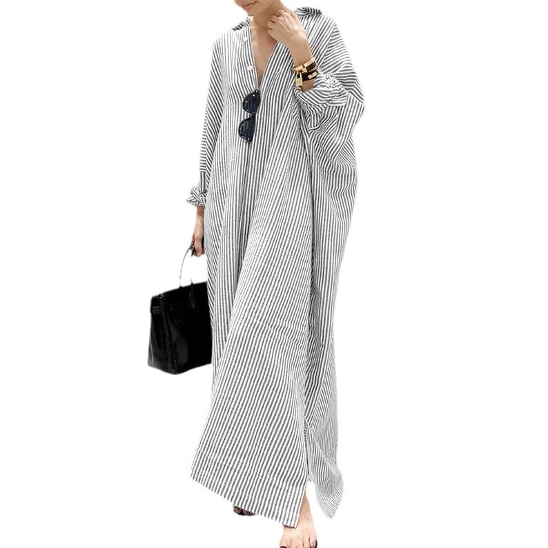 New European & American Women's Plus Size Striped Long Nightgown - Breathable & Loose Homewear