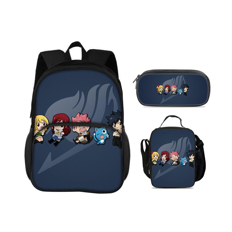 FAIRY TAIL Round Front Bag Backpack Pen Bag Ice Bag 3Pcs Set Cartoon Anime Printed Student Boys and Girls New Versatile