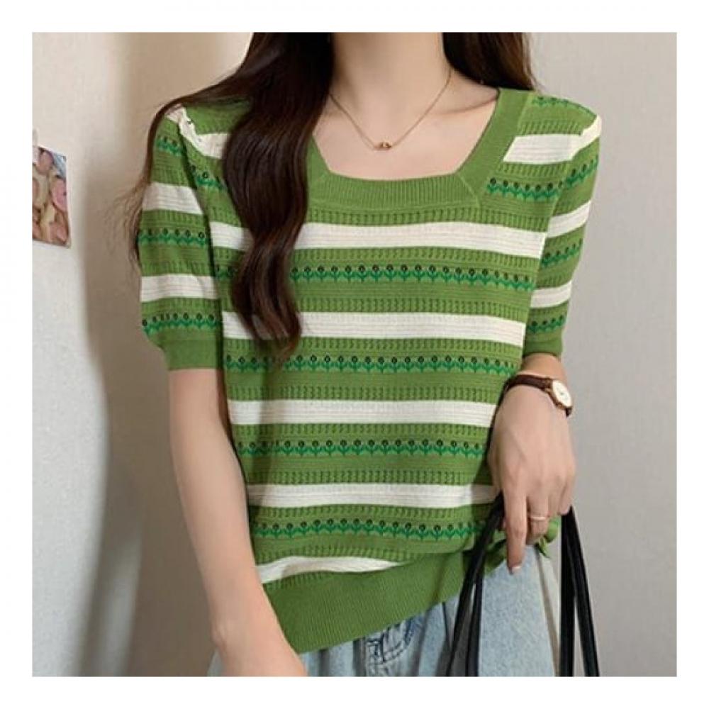 Navava Nk2039 Striped Flower Square Neck Short Sleeve Knit