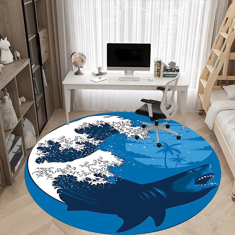 1PC Ocean Waves Office Round Area Rug, Mat Suitable For Office, Under Office Chairs Bedroom Living Room Home Decor, Room Deco