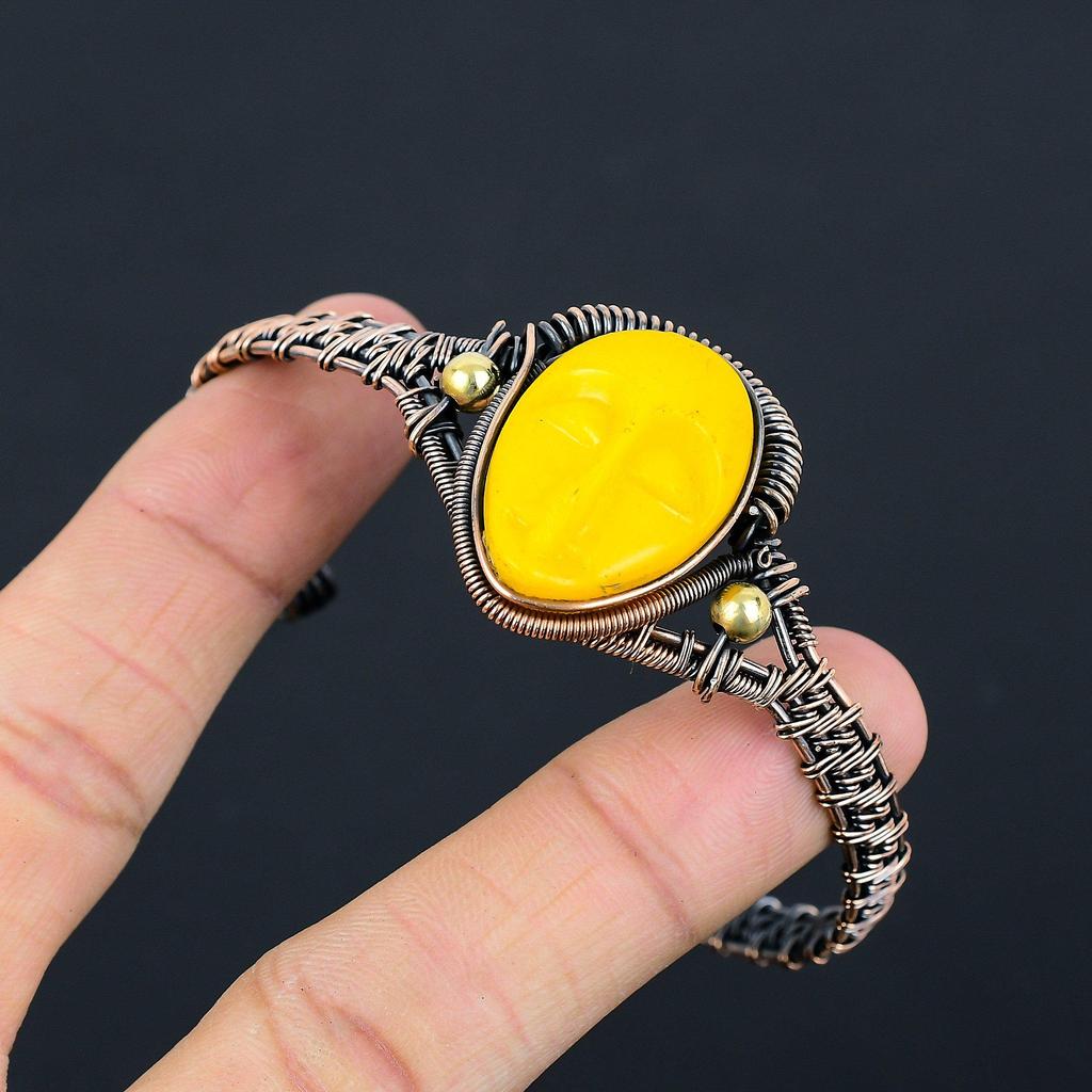 Yellow Praying Lady Carved Bone Face Handmade Latest Design Jewelry Bangle, 999 Copper Wire Wrapped Gemstone Bangle, Gift For Sister