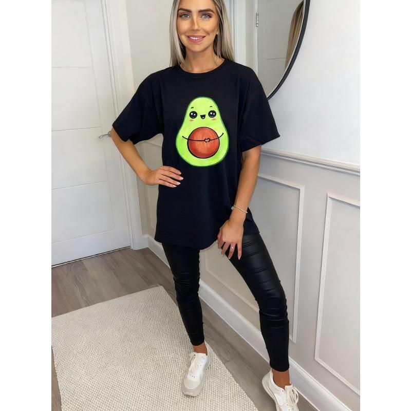 Avocado Print Oversized T-Shirt Black Cute Avocado Design For Casual Wear And Everyday Outfits