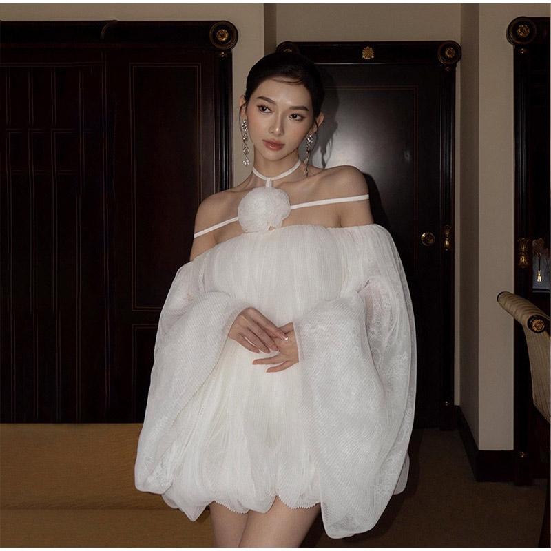 Rochie Elegantă de Petrecere cu Volane Femei Gât Înalt Mânecă Tip Felinar Linie A Mini Rochii Modă Floare 3D Rochie Doamnă