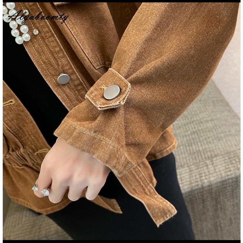 Korean Fashion Spring Autumn Women Brown Denim Jacket V Neck Beading Loose Basic Coat Long Sleeve Stylish Feminine Ladies' Outerwear