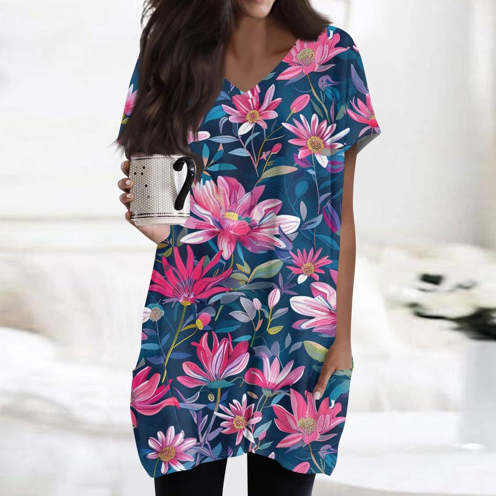 Haut Midi à Manches Courtes et Poches à Col en V pour Femme avec Imprimé Rétro Fleurs et Feuilles