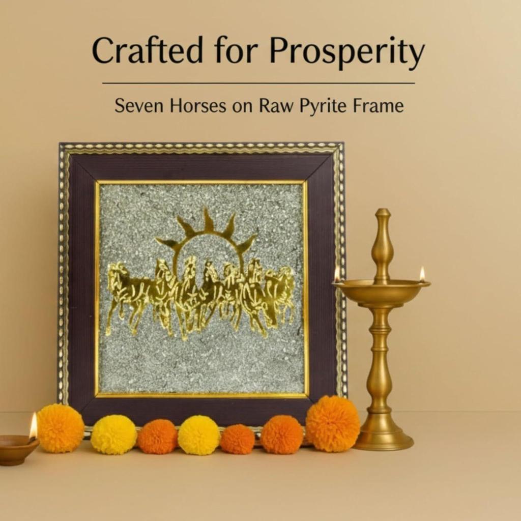 7 Horses Painting On Raw Pyrite Stone for Vastu | Seven Running Horses with Sun Wooden Wall Art