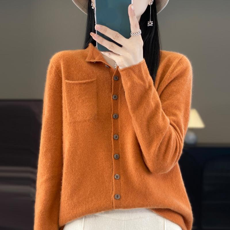 Wool Cardigan with Seamless One-line Rolled Pocket Coat Top
