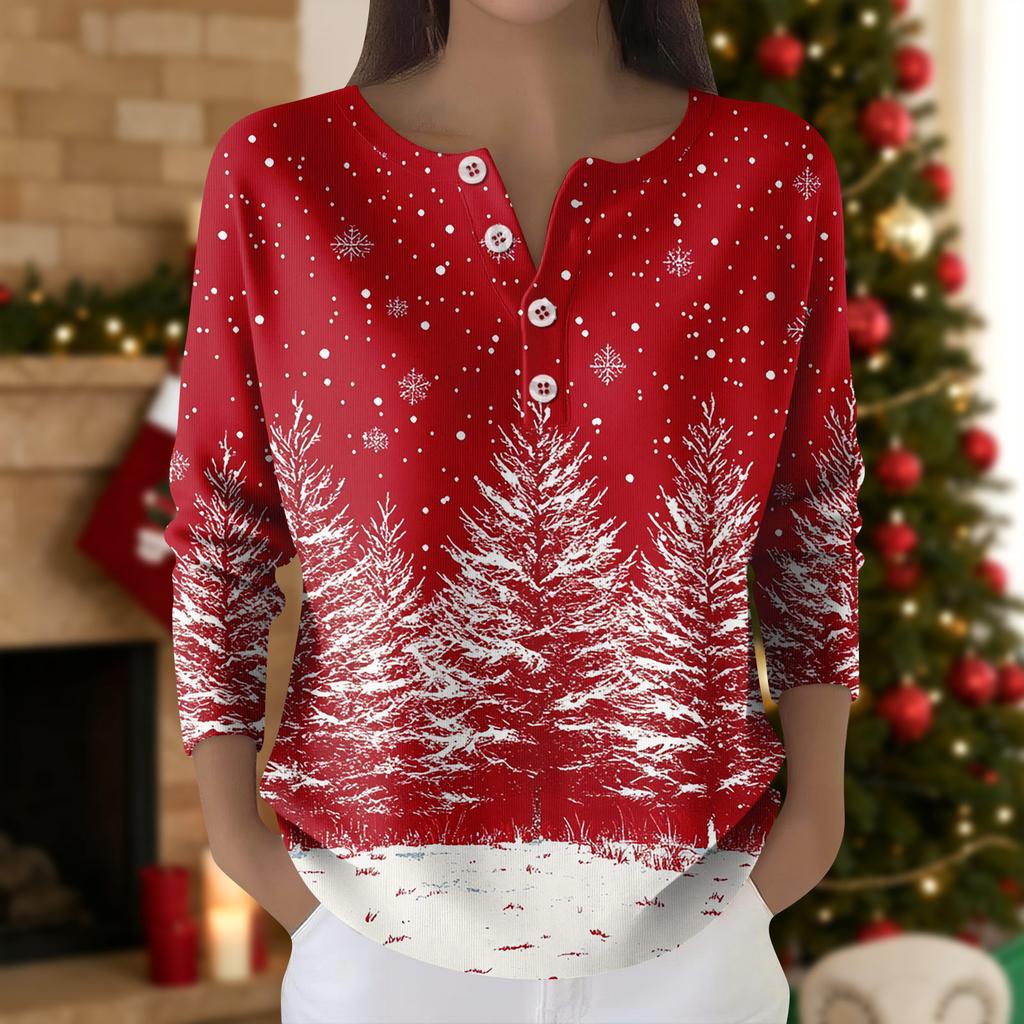 Dámský módní top s dlouhým rukávem a vánočním potiskem sněhových vloček, elegantní ležérní top