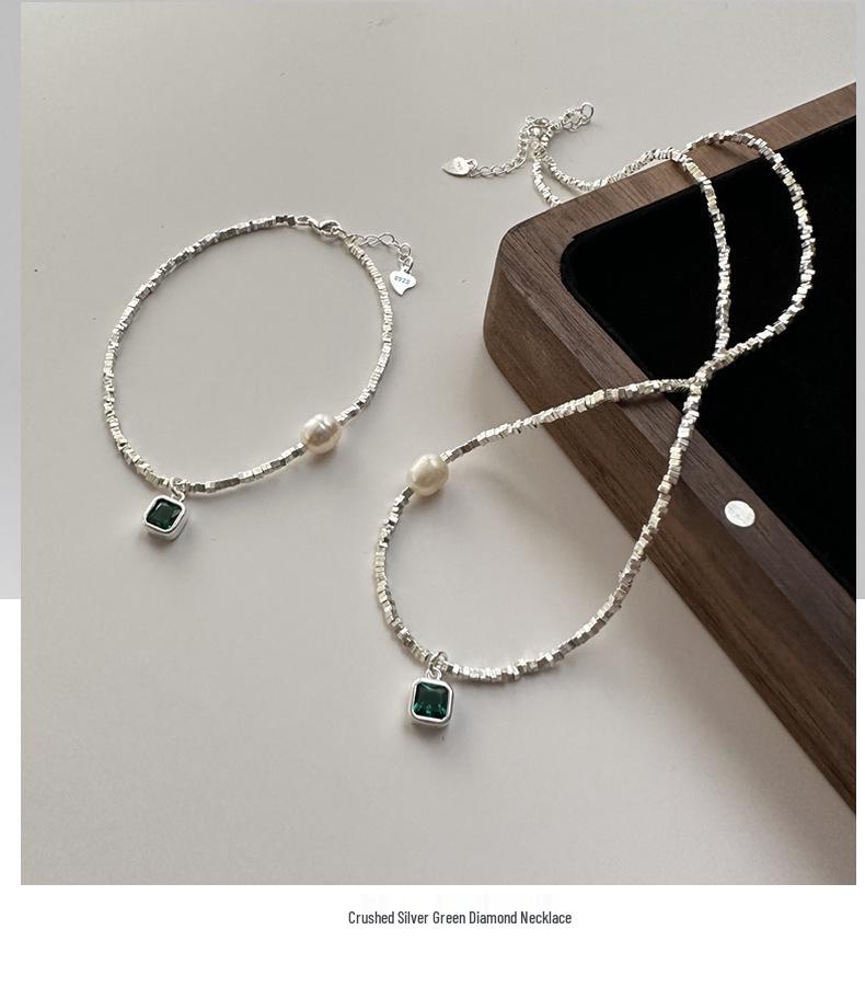 S925 Sterling Silver Korean Fashion Green Zircon Necklace & Handmade Bracelet Set - Trendy Clavicle Chain.