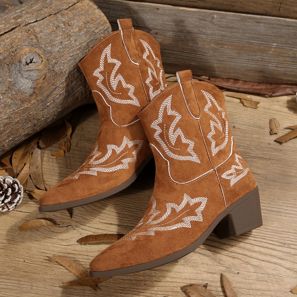 Fashion Woman  Suede Boots Fashion Slip on Ladies embroider Square Heel  Retro Pointed Toe Women's Mid Calf  Boots Shoes Footwear 954