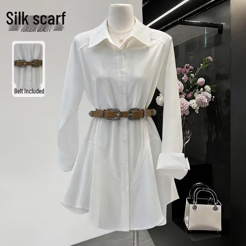 Women s Lapel Waist-Cinching Long Sleeve Shirt Dress XL