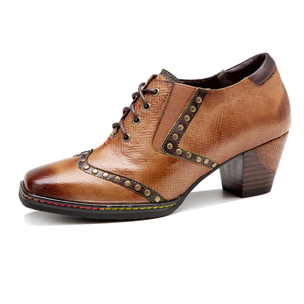 Johnature Echtes Leder Damen Pumps Handbemalt Vintage Karree Niete Schnürung Dicker Absatz High Heels Schuhe