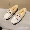 Women's Winter 2022 Genuine Leather Flat Fur Loafers - Warm Plus Velvet Cotton Shoes for Outdoor Wear