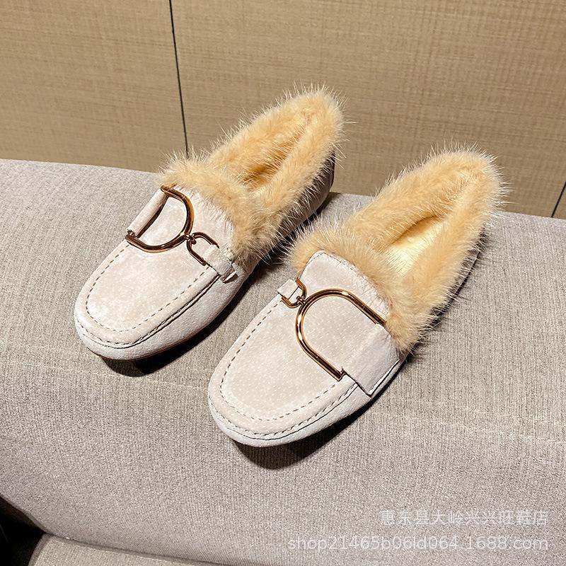 

Women s Winter 2022 Genuine Leather Flat Fur Loafers - Warm Plus Velvet Cotton Shoes for Outdoor Wear 38